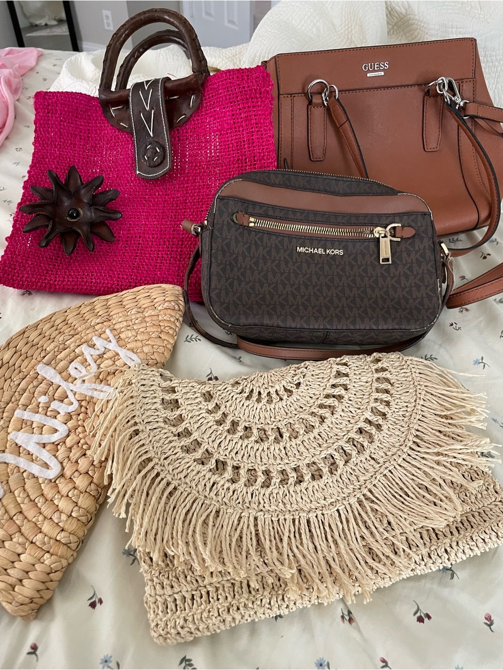 GUESS & Michael Kors Women’s Handbag Lot Logo Faux Leather Straw Brown Pink